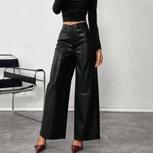 Black Elegant Women's Front-Button Minimalist faux leather Pants